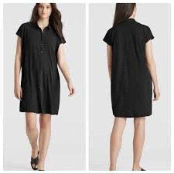 Eileen Fisher Shirt Dress Button Front Polo Collar Short Sleeves Black Knit M - Picture 1 of 10